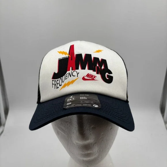 Nike Jordan Rise Cap Trucker Hat White Black Navy Mesh M L "Jammin Frequency" - Picture 1 of 10